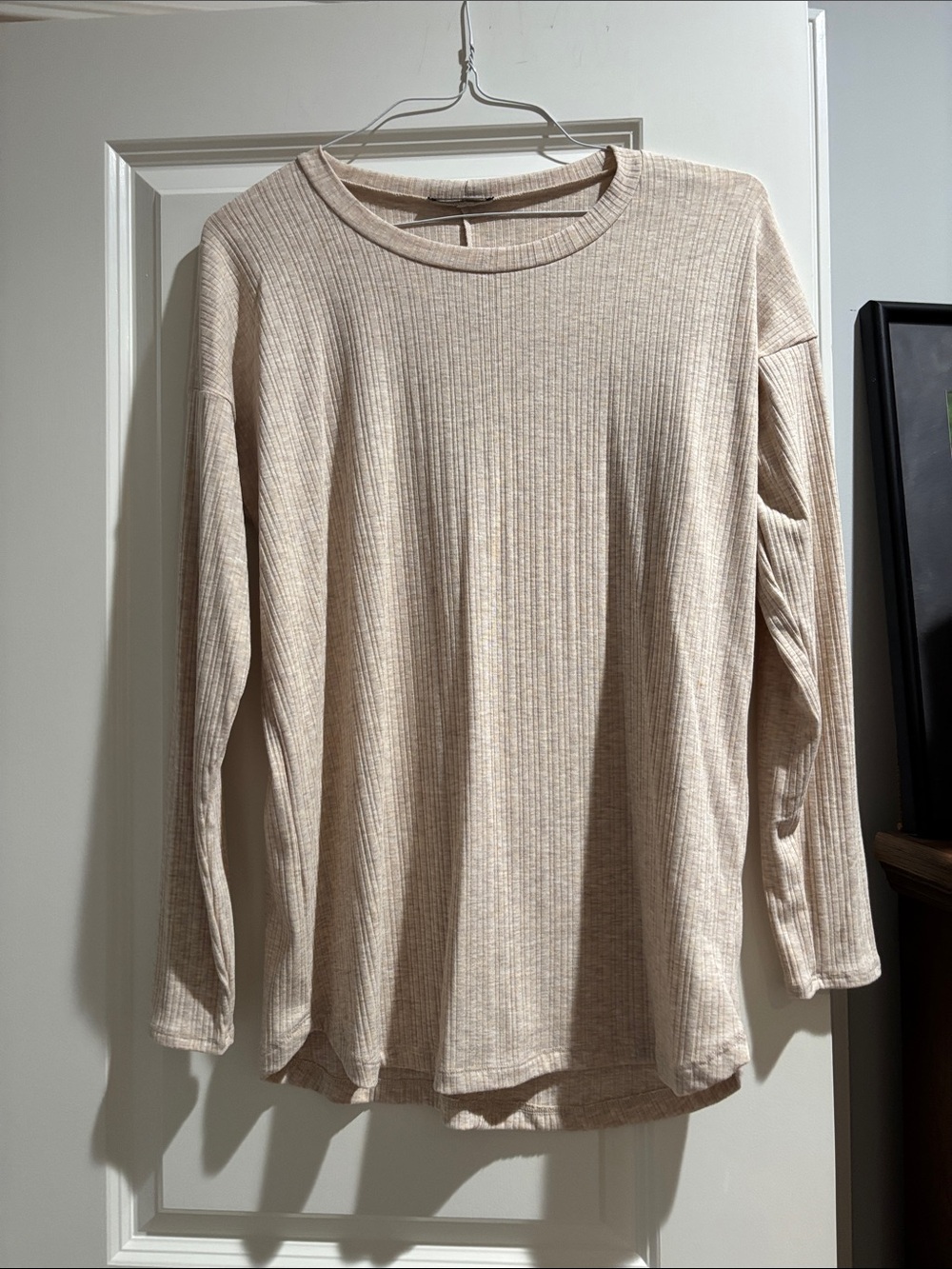 Staccato Ribbed Long-Sleeve Top in Light Beige